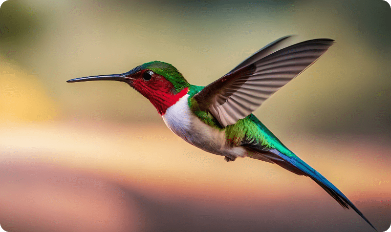 fotografia de um colibri nas cores branca, verde, vermelha e azul